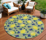 8' Artichoke Green Yellow And Blue Round Lemons Washable Indoor Outdoor Area Rug