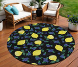 8' Black Yellow And Blue Round Lemons Washable Indoor Outdoor Area Rug