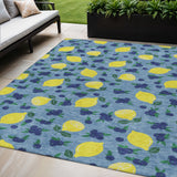 5' X 8' Denim Blue Yellow And Green Lemons Washable Indoor Outdoor Area Rug
