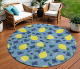 8' Denim Blue Yellow And Green Round Lemons Washable Indoor Outdoor Area Rug