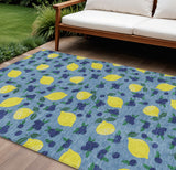 8' X 10' Denim Blue Yellow And Green Lemons Washable Indoor Outdoor Area Rug