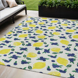 5' X 8' Ivory Yellow And Blue Lemons Washable Indoor Outdoor Area Rug