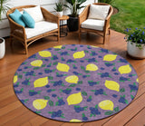 8' Lavender Yellow And Blue Round Lemons Washable Indoor Outdoor Area Rug