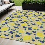 5' X 8' Wheat Yellow And Blue Lemons Washable Indoor Outdoor Area Rug