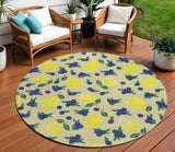8' Wheat Yellow And Blue Round Lemons Washable Indoor Outdoor Area Rug