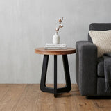 24" Brown and Black Solid Wood And Iron Round Cross Legs End Table