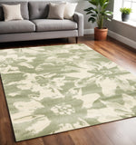 5' X 8' Green And Cream Botanical Leaves Area Rug