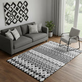 5' X 8' Black And Ivory Ikat Washable Area Rug With UV Protection