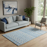 5' X 8' Sky Blue Gray And Ivory Ikat Washable Area Rug With UV Protection