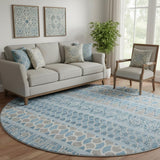 8' Sky Blue Gray And Ivory Ikat Washable Round Rug With UV Protection