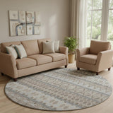 8' Taupe Beige And Ivory Ikat Washable Round Rug With UV Protection