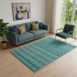 5' X 8' Teal And Gold Ikat Washable Area Rug With UV Protection