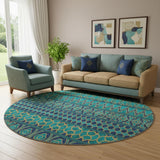 8' Teal And Gold Ikat Washable Round Rug With UV Protection