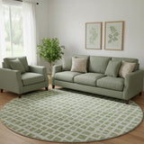 8' Artichoke Green And Ivory Geometric Washable Round Rug With UV Protection