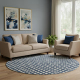 8' Blue And Ivory Geometric Washable Round Rug With UV Protection