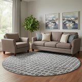 8' Graphite And Silver Geometric Washable Round Rug With UV Protection