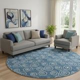 8' Blue And Ivory Polka Dot Washable Round Rug With UV Protection