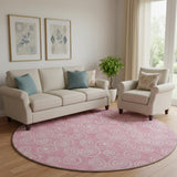 8' Pink And Ivory Polka Dot Washable Round Rug With UV Protection