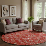 8' Red And Ivory Polka Dot Washable Round Rug With UV Protection