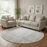 8' Taupe And Beige Striped Washable Round Rug With UV Protection