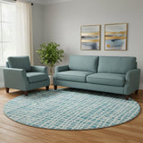 8' Teal And Ivory Striped Washable Round Rug With UV Protection