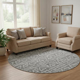 8' Charcoal And Ivory Geometric Washable Round Rug With UV Protection