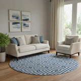 8' Blue And Ivory Geometric Washable Round Rug With UV Protection