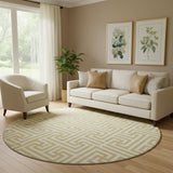 8' Gold And Ivory Geometric Washable Round Rug With UV Protection