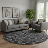 8' Black And Ivory Geometric Washable Round Rug With UV Protection