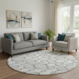 8' Graphite And Silver Geometric Washable Round Rug With UV Protection