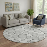 8' White And Gray Geometric Washable Round Rug With UV Protection
