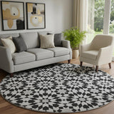 8' Black And Silver Geometric Washable Round Rug With UV Protection