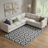8' X 10' Black And Silver Geometric Washable Area Rug With UV Protection