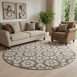 8' Brown And Ivory Geometric Washable Round Rug With UV Protection