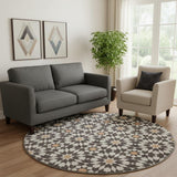 8' Charcoal Silver And Copper Geometric Washable Round Rug With UV Protection