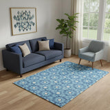 5' X 8' Denim Blue And Ivory Geometric Washable Area Rug With UV Protection