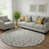 8' Gray Ivory And Gold Geometric Washable Round Rug With UV Protection