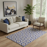 5' X 8' Navy Blue Ivory And Gold Geometric Washable Area Rug With UV Protection