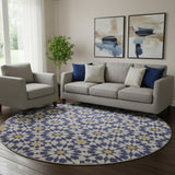 8' Navy Blue Ivory And Gold Geometric Washable Round Rug With UV Protection