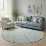 8' Sky Blue Ivory And Green Geometric Washable Round Rug With UV Protection