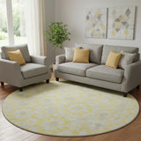 8' Yellow Ivory And Gray Geometric Washable Round Rug With UV Protection