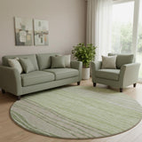 8' Artichoke Green And Taupe Striped Washable Round Rug With UV Protection