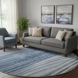 8' Blue And Gray Striped Washable Round Rug With UV Protection