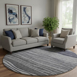 8' Gray And Silver Striped Washable Round Rug With UV Protection
