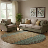 8' Terra Cotta Gray And Beige Striped Washable Round Rug With UV Protection