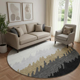8' Black Beige And Silver Striped Washable Round Rug With UV Protection