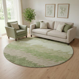 8' Green And Beige Striped Washable Round Rug With UV Protection