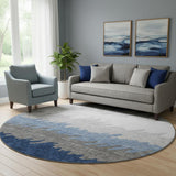 8' Navy Blue Gray And Silver Striped Washable Round Rug With UV Protection