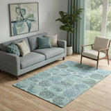 5' X 8' Teal And Aqua Medallion Washable Area Rug With UV Protection