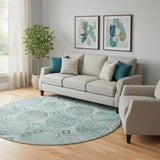 8' Teal And Aqua Medallion Washable Round Rug With UV Protection